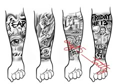 three different types of tattoos on both arms and legs, with the words friday night written in