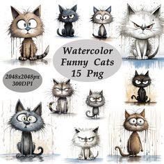 watercolor funny cats with different expressions for each cat's face and eyes, all in various poses