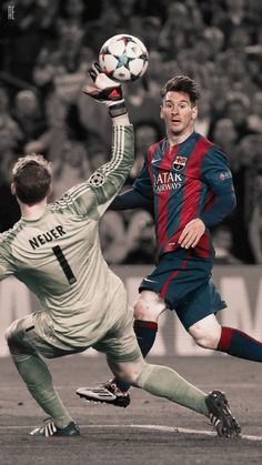 two men are playing soccer in front of an audience at a sporting event, one is reaching for the ball