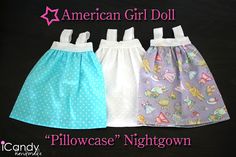 three girls'skirts with the american girl doll pattern on them, all in different colors