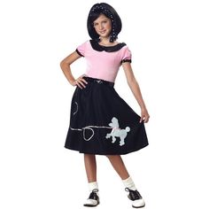 Our Child's 50'S Hop w/Poodle Skirt Outfit comes with a dress with a detailed poodle design and a pink top trimmed in black. Includes: ~ Stretch velour top ~ Flannel skirt with sequin trim and poodle patch ~ Polka dot scarf ~ Order one size up if you prefer a looser fitting top Shoes, socks, jewelry and books not included. This comes to us from California Costumes, an industry leader and year round supplier of Halloween Costumes, Fancy Dress, Wigs, and Accessories. Poodle Skirt Halloween Costume, Poodle Skirt 50s, Girls Poodle Skirt, Sock Hop Costumes, Poodle Skirt Costume, Poodle Skirt Outfit, Poodle Dress, 50s Costume, Grease Costumes