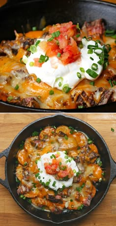 two pictures of different types of food in a skillet and on the same pan