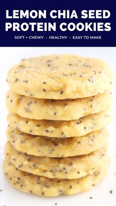 a stack of lemon chia seed protein cookies on a white surface with black speckles