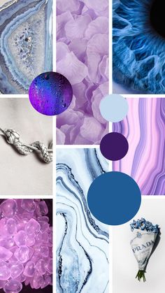 a collage of images with different shades of blue, purple, and white in them