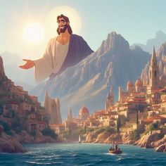 jesus is flying over the water in front of a town with mountains and boats on it