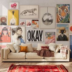 a living room filled with furniture and lots of pictures on the wall above it's couch