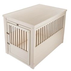 a white dog crate with wooden slats on the top and bottom part, open