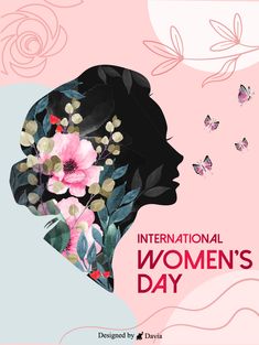 the international women's day poster is shown with flowers and butterflies in pink tones