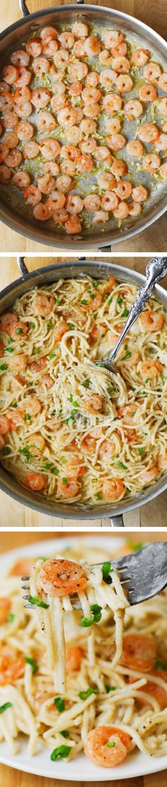 the process of making shrimp chow mein noodles is shown in three different stages, including being cooked