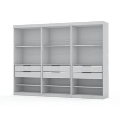 an empty white bookcase with drawers on the front and bottom shelves, against a white background