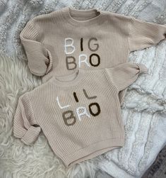 Pale beige personalised oversized sweater with the words 'BIG BRO' or 'LIL BRO' in neutral shades, hand embroidered.  Sizes start from 6months up to 5years. Sizing is generous as the jumpers are designed to be oversized. The wool colour examples for the embroidery are as shown, however due to monitor/screen lighting, the colours might differ slightly.  This item is not refundable or exchangeable as each item is made to order. Please ensure that you wash on a low heat and delicate wash/ hand wash Embroidery Sweaters, Jumper Ideas, Embroidered Jumper, Lil Bro, Pale Beige, Sweater Ideas, Baby Jumper, Big Brother Shirt, Kids Jumpers