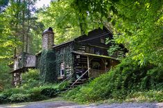 an old log cabin in the woods surrounded by greenery