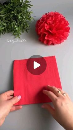 someone is making a red napkin with flowers on the top and one hand holding it