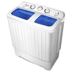 a white washing machine with two blue bins