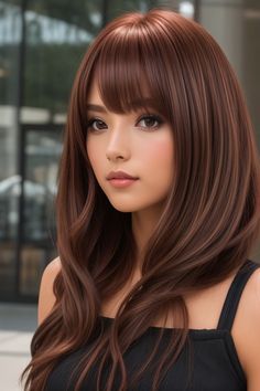 Chocolate Copper Hair Styles | Hairstyles Copper Chocolate Hair, Chocolate Red Brown Hair, Pelo Color Chocolate, Straight Fine Hair Cuts, Peach Hair Colors, Boho Chic Hairstyles, Chocolate Brown Hair Color, Styles Hairstyles, Peach Hair