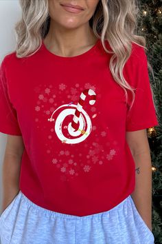 Red shirt with with Candy chaos design on it Merry Bright Christmas, Custom Tee Shirts, Street Style Summer, Everyday Dresses, Trendy Tshirts, Cozy Sweaters, Christmas Shirt, Merry And Bright, Christmas Tshirts