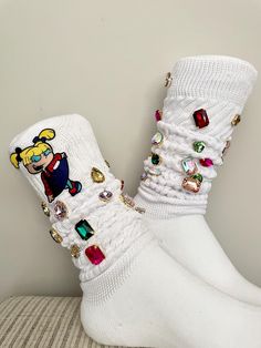 Adult Slouch Socks Embroidered and Blinged Out A 90s Cartoon favorite is coming back on the scene and the love of it is captured here in these rhinestone slouch socks! One of its kind and will not be remade. Made from cotton, these babies are soft to the touch, warm and comfortable.  These socks are not a licensed product. We do not claim ownership of this character or image. Bedazzled Socks, Junk Socks, Bling Socks, Scrunch Socks, Pin Ideas, Slouch Socks, Diy Socks, 90s Cartoon, Mom Gifts