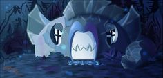 an animated image of some strange looking creatures in the dark night forest with blue and white colors