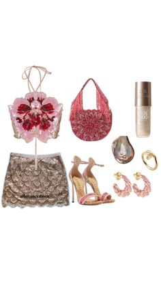 an assortment of women's clothing and accessories including shoes, rings, bracelets