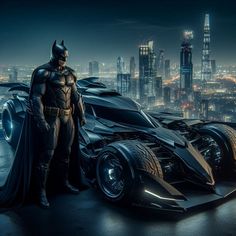 the dark knight batman car is shown in front of a cityscape at night