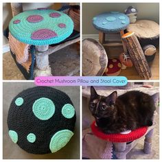 crochet mushroom pillow and stool cover with cat sitting on the floor next to it