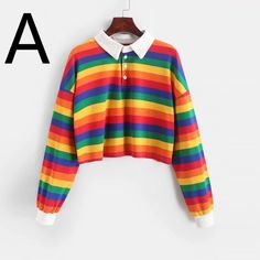 Future Punk, Rainbow Crop Top, Crop Top Styles, Tokyo Street Fashion, Crop Top Hoodie, Crop Top Sweatshirt, Grunge Look, Collared Sweatshirt, Striped Sweatshirts