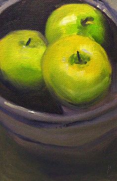 an oil painting of green apples in a bowl