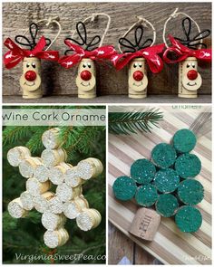 wine cork ornaments with reindeer noses and bows