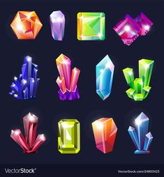 colorful crystals set on black background with shadow and light effects illustration for web page or app design