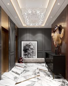 an elegant hallway with marble flooring and gold trimming on the ceiling, along with art work