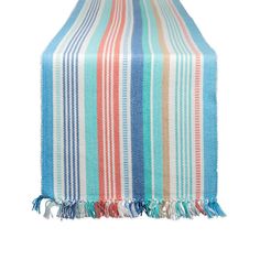 a multicolored striped table runner with fringes