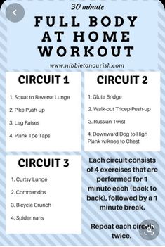 the full body at home workout circuit is shown with instructions for how to use it