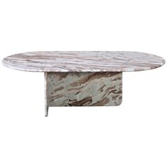 an oval marble table with two legs and a white base, on a white background