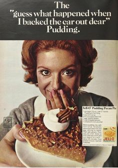 an advertisement for pecan pie with a woman biting into the crust and holding her hand up to her mouth