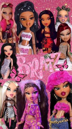 barbie dolls with pink hair and butterfly wings on their heads, in front of a pink background