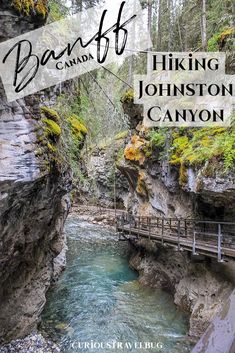 a river flowing through a lush green forest next to a wooden bridge with text overlay reading banff hiking in johnston canyon