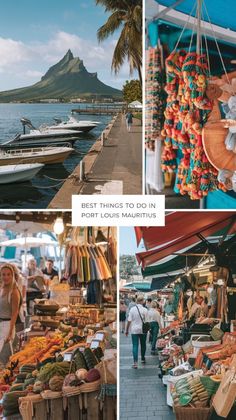 people are shopping at an outdoor market by the water with boats and mountains in the background