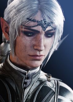 a close up of a person with white hair and piercings on their ears, wearing armor