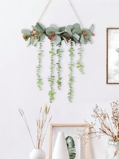 some plants are hanging on the wall next to vases