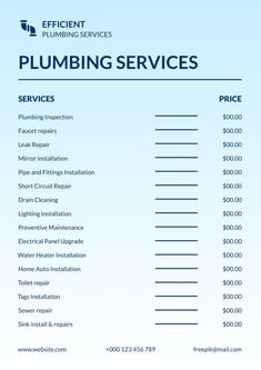 the pricing sheet for plumbing services