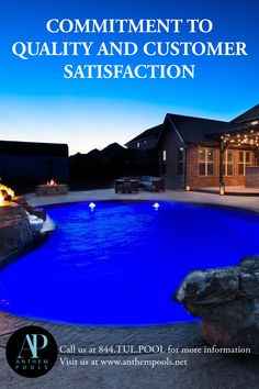 a large swimming pool with lights around it and the words, comment to quality and customer satisfaction