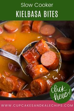 slow cooker kielbasa bites recipe with text overlay