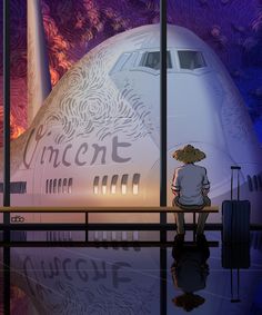 a person sitting on a bench in front of an airplane with the word innocent written on it