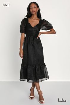 Everyone will want to raise a glass to how cute you are in the Lulus Celebratory Moment Black Surplice Puff Sleeve Midi Dress! Airy woven organza (with an embroidered striped design throughout) shapes this adorable dress that features a crisscrossing surplice bodice framed by puff sleeves with elasticized cuffs. High, fitted waist sits atop a flowy midi skirt with a tiered drop seam. A chic bow detail at back completes the look! Hidden back zipper/clasp. Fit: This garment fits true to size. Leng Flowy Midi Skirt, Dress Puff Sleeve, Puff Sleeve Midi Dress, Lulu Fashion, Adhesive Bra, Sleeve Midi Dress, Bow Detail, Full Skirt, Stripes Design