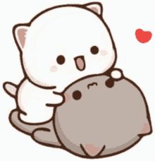 a white cat hugging a gray ball with a heart on it's back,