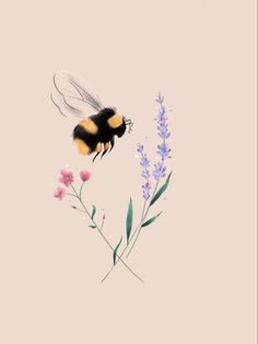 a painting of a bee flying over flowers