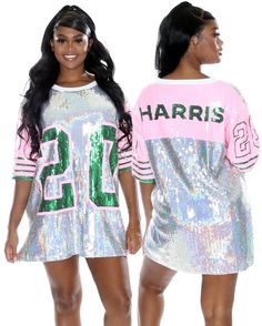 Alpha Kappa Alpha HARRIS Sequins Jersey Color: Pink/Green/Silver Sizes: One Size Fit up to size 2XL Alpha Kappa Alpha Luggage, Sorority Paraphernalia, Alpha Kappa Alpha Sorority Paraphernalia, Sequin Jersey, Aka Sorority Gifts, Black Fraternities, Sequin Tshirt, Church Suits And Hats, Skee Wee