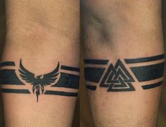 two black and white tattoos on legs with an eagle in the middle one has a triangle