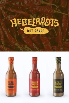 three bottles of hot sauce with peppers in the background and an ad for reberos hot sauce