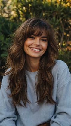 Call Brown Hair, Light Brown To Dark Brown Balayage, Brown Balayage On Light Brown Hair, Dark Brown Golden Highlights, Light Brown Hair With Dark Brown Balayage, Chestnut Brown Hair With Bangs, Blonde Balayage 2024 Trends, Long Hair With Light Bangs, Hair Color For Rosy Skin